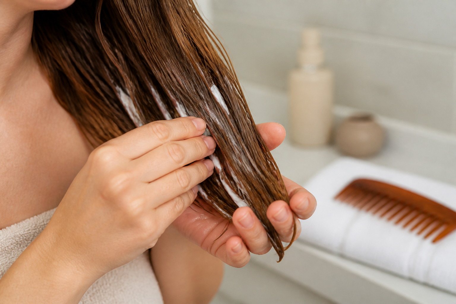 Acondicionador repartido con las manos en medios y puntas de cabello teñido
