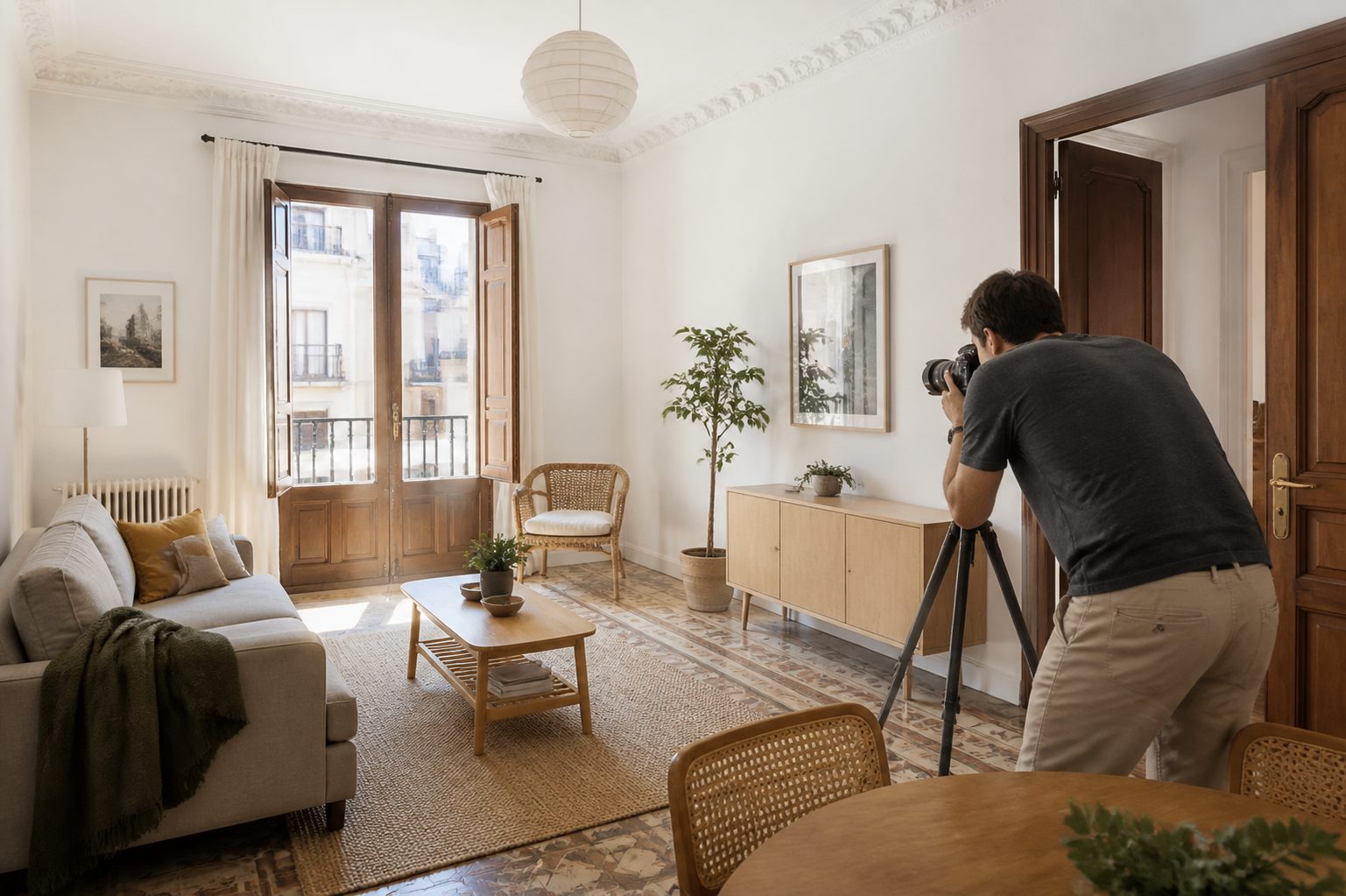 Piso preparado para un anuncio de alquiler Fotógrafo retrata un salón luminoso y ordenado preparado para anunciarse en alquiler