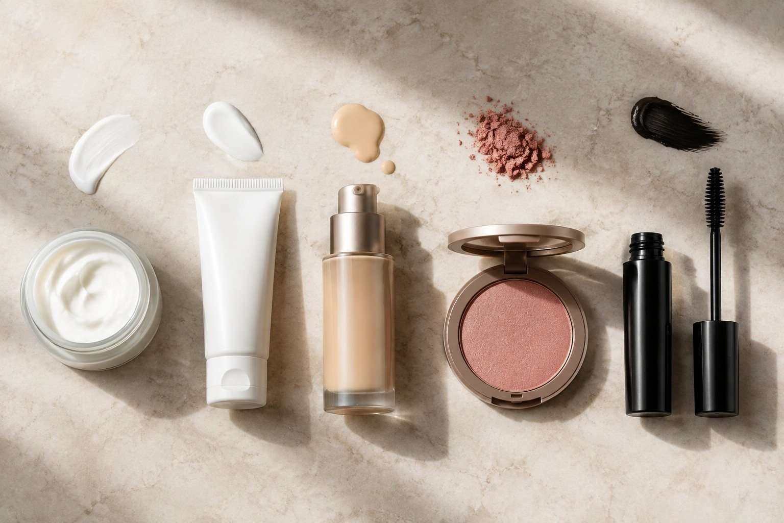 Cosméticos ordenados desde la hidratación hasta la máscara de pestañas.
