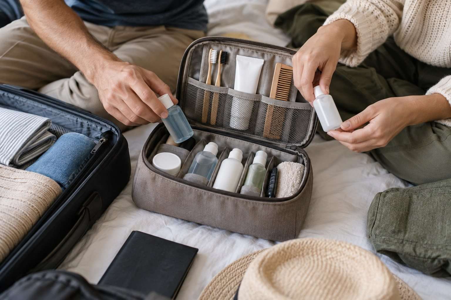 Manos organizan productos de aseo en un neceser de viaje